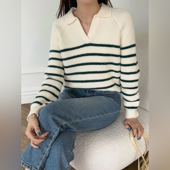 Pullover Sweater Striped Raglan Sleeve  Sweater Casual Knit Jumper Tops Size M - Picture 1 of 4
